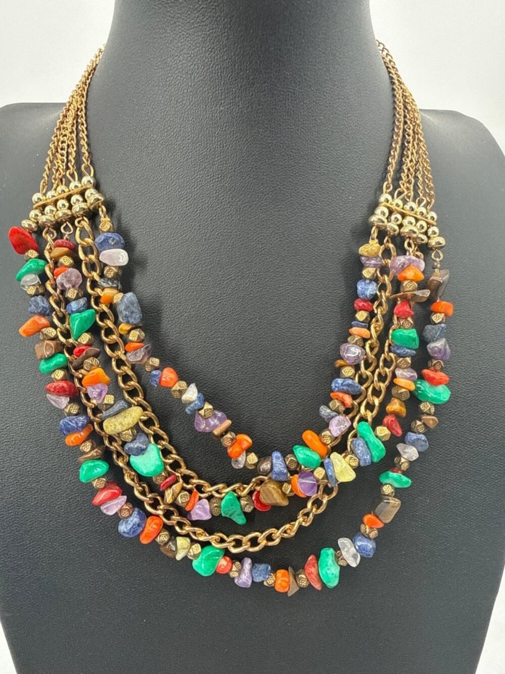 Boho Multi Strand Gemstone Chip Gold Chain Layered Bib Statement Necklace VTG